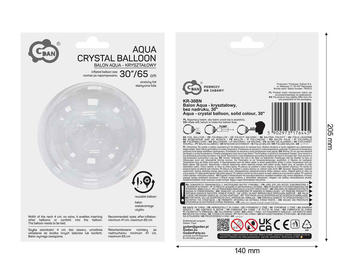 Aqua - crystal balloon, solid colour, 30"